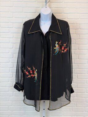 Vintage Carina Embroidered Bird Blouse Black Sheer Sleeve Medium
